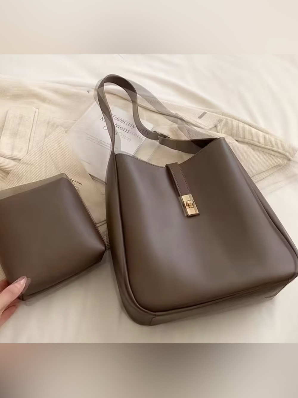 Smooth Chocolate Brown Shoulder Bag with Gold Clasp